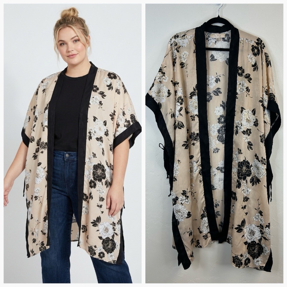 Floral Asian Inspired Kimono Plus Size 3X Open Front Boho Relax Cover Up Duster
